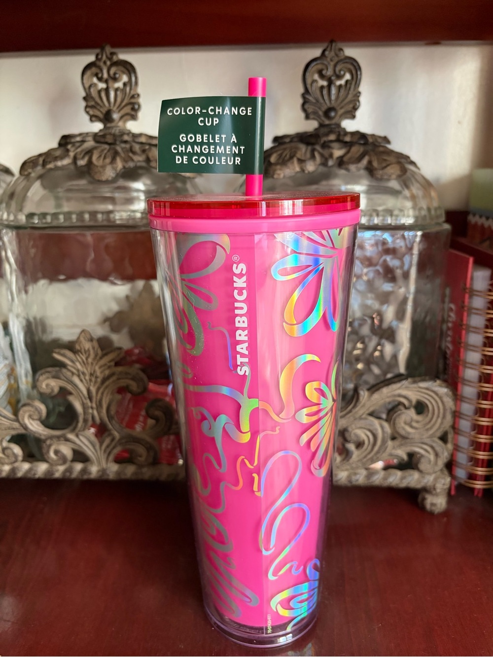 💯 STARBUCKS Hot Pink Iridescent Curled Ribbon Color Changing 24 oz Venti Tumbler